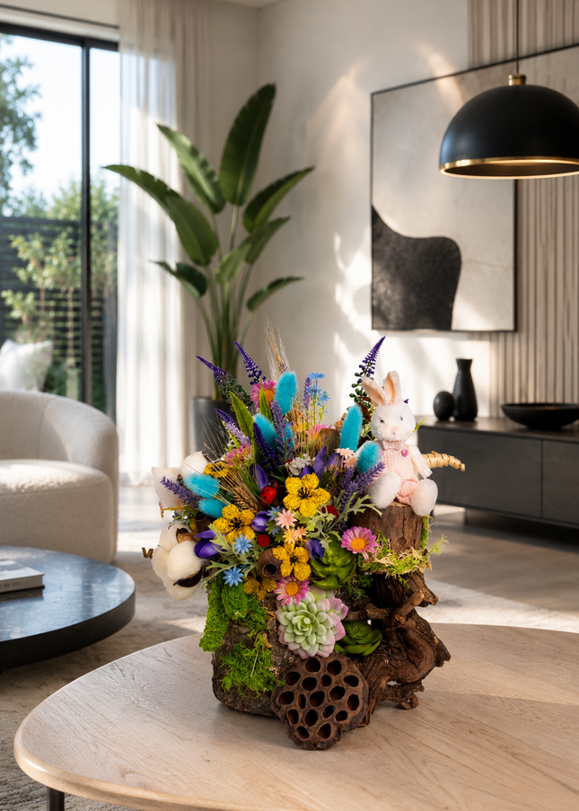 Aranjament floral de Paște „Bunny Meadow” – decor colorat de primăvară