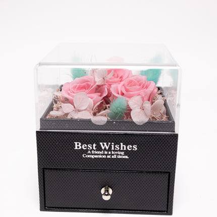 Aranjament 3 Trandafiri Criogenați Roz, Cutie Acrilică "Best Wishes"