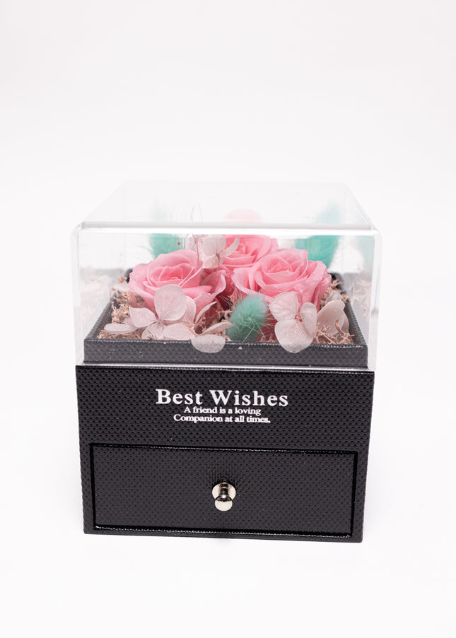 Aranjament 3 Trandafiri Criogenați Roz, Cutie Acrilică "Best Wishes"