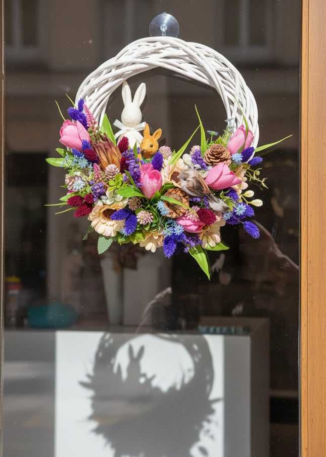 Coroniță florală de Paște „Pastel Nest” – decor festiv cu iepuraș, flori colorate și accente naturale