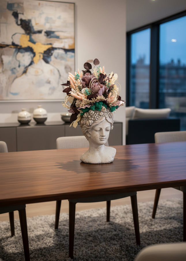 Aranjament floral „Mystic Bloom” în bust sculptural – flori uscate, eucalipt și accente turcoaz