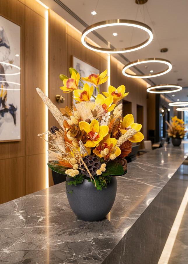 Aranjament floral „Amber Bloom” în vas ceramic – orhidee galbene și accente naturale