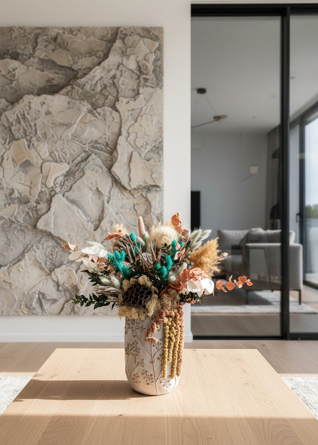 Aranjament Floral „Emerald & Earth” în Vază Ceramică Înaltă – Decor Premium cu Protea, Eucalipt Arămiu și Accente Turcoaz