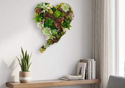Tablou decorativ „Green Heart Succulent” – inimă cu plante suculente și mușchi stabilizat