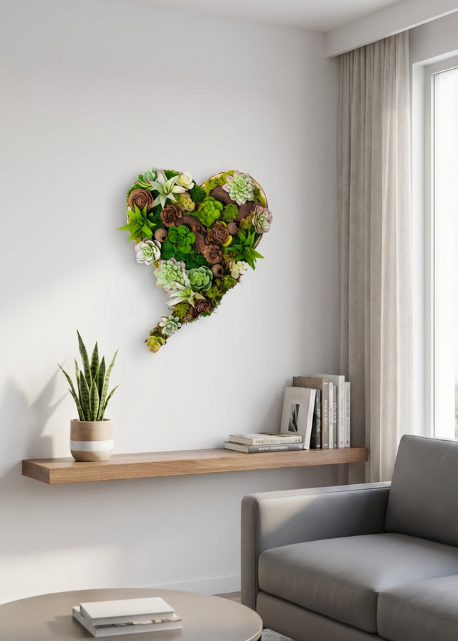 Tablou decorativ „Green Heart Succulent” – inimă cu plante suculente și mușchi stabilizat
