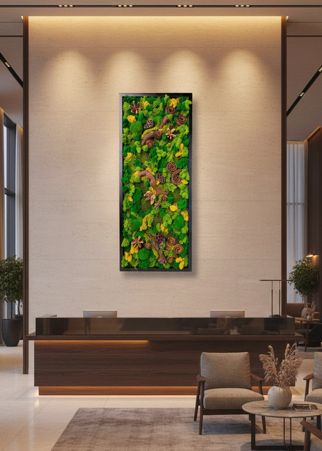 Tablou Biophilic Vertical „Vertical Forest Stream” – Panou Handmade XXL cu Mușchi Stabilizați și Relief Botanic Premium