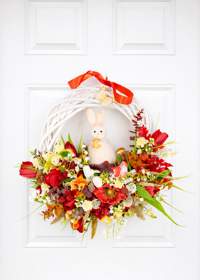 Coroniță florală de Paște „Easter Nest” – decor festiv cu iepuraș, flori și accente naturale