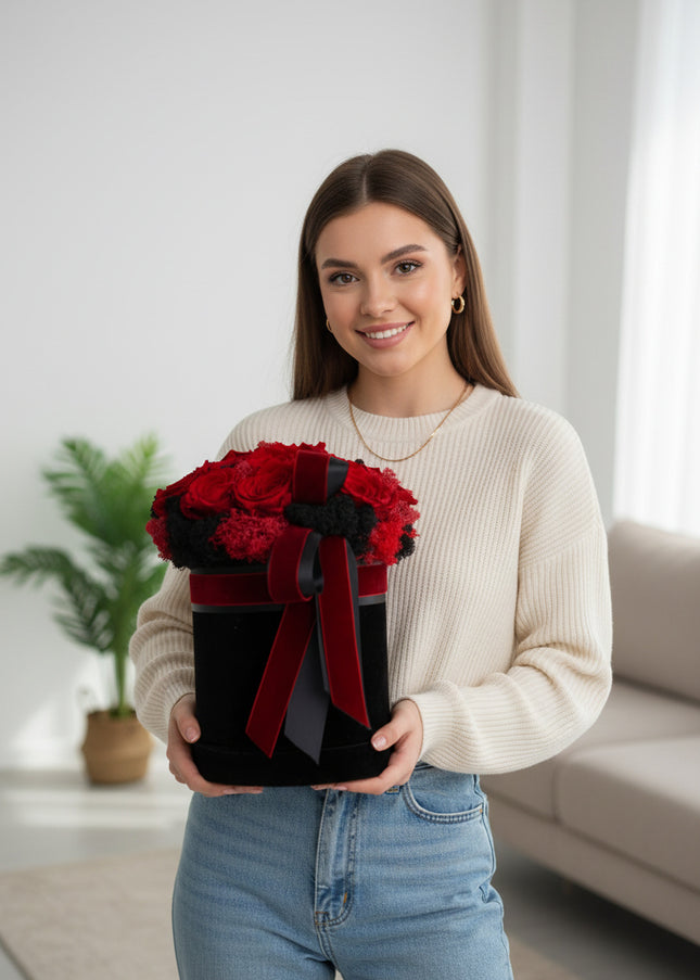 Aranjament 15 Trandafiri Criogenați Roșii, Cutie Catifea