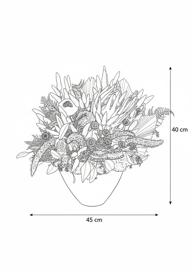 Aranjament Floral „Scarlet Royalty” în Vas Bordo – Compoziție Luxury cu Protea King, Evantai Palmier și Accente Negru Abis