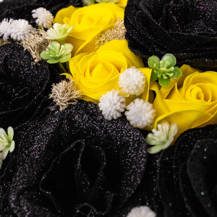 Aranjament Lux Trandafiri Săpun Negri Glitter & Galbeni