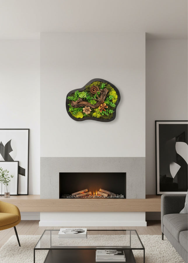 Tablou Biophilic „Amazonian Flow” – Panou Decorativ Handmade cu Formă Organică, Mușchi Stabilizat și Relief Sculptural