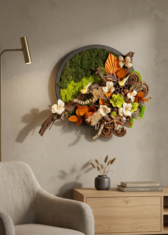Tablou „Forest Whisper” cu licheni stabilizați și flori uscate – decor natural cu accente rustice