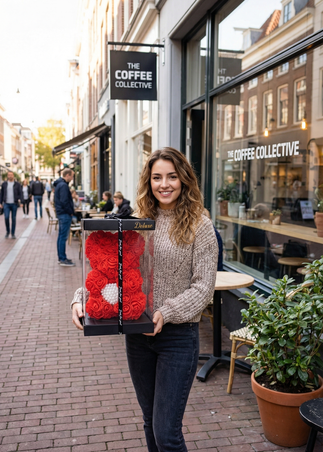 Aranjament de Lux "Ruby Pearl Teddy" în Cutie Dior Style