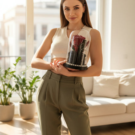 Cupolă Lux Trandafir Criogenat Roșu cu Cristale & Perle