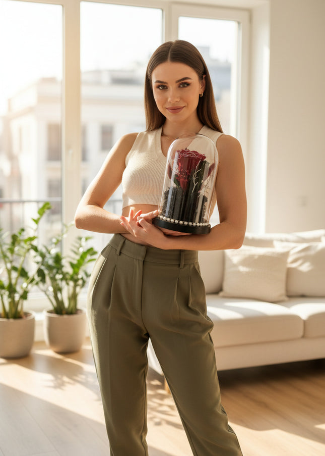 Cupolă Lux Trandafir Criogenat Roșu cu Cristale & Perle