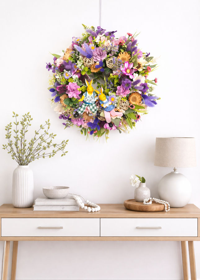 Coroniță de Paște „Spring Bunny Duo” – decor vesel cu iepurași și flori pastelate