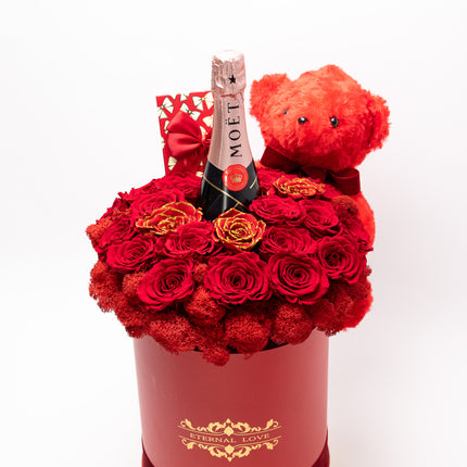 Aranjament Lux 21 Trandafiri Criogenați Roșii, Șampanie Moët & Ursulet