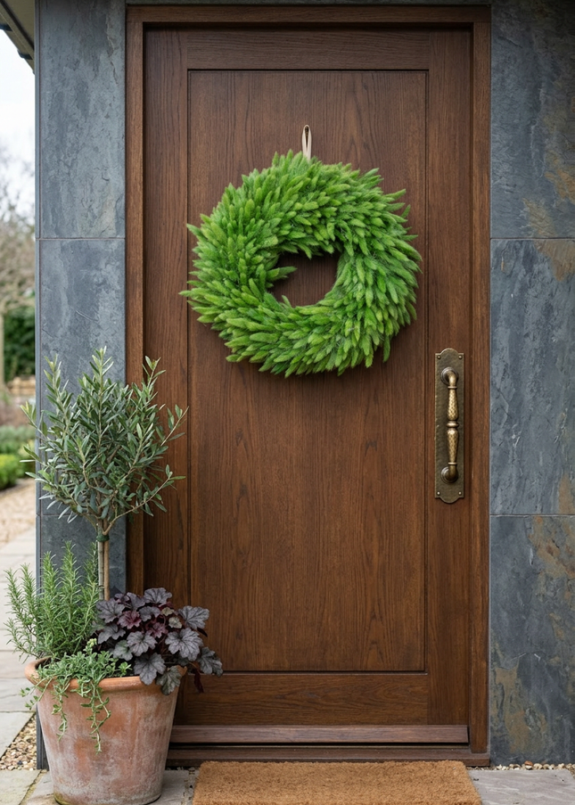 Coroniță decorativă „Green Fluffy” – decor minimalist din iarbă ornamentală