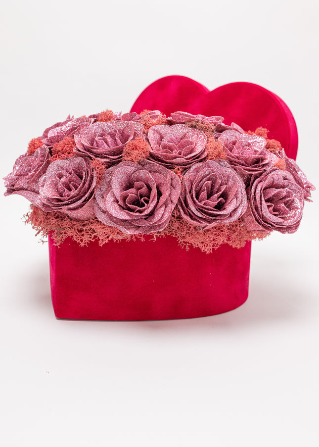 Aranjament Floral "Glitter Heart" în Cutie de Catifea