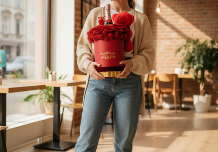 Aranjament Lux 21 Trandafiri Criogenați Roșii, Șampanie Moët & Ursulet