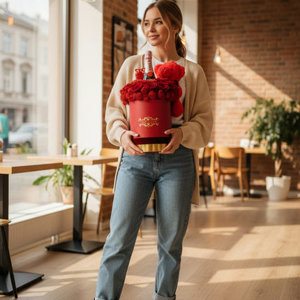 Aranjament Lux 21 Trandafiri Criogenați Roșii, Șampanie Moët & Ursulet