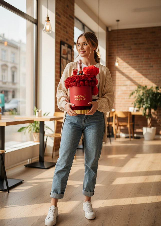 Aranjament Lux 21 Trandafiri Criogenați Roșii, Șampanie Moët & Ursulet