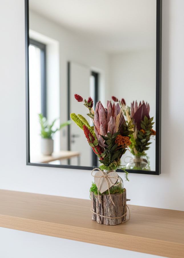 Mini-Aranjament Floral „Protea Soul” în Suport de Scoarță – Decor cu Floare Protea, Licheni și Accente Verzi