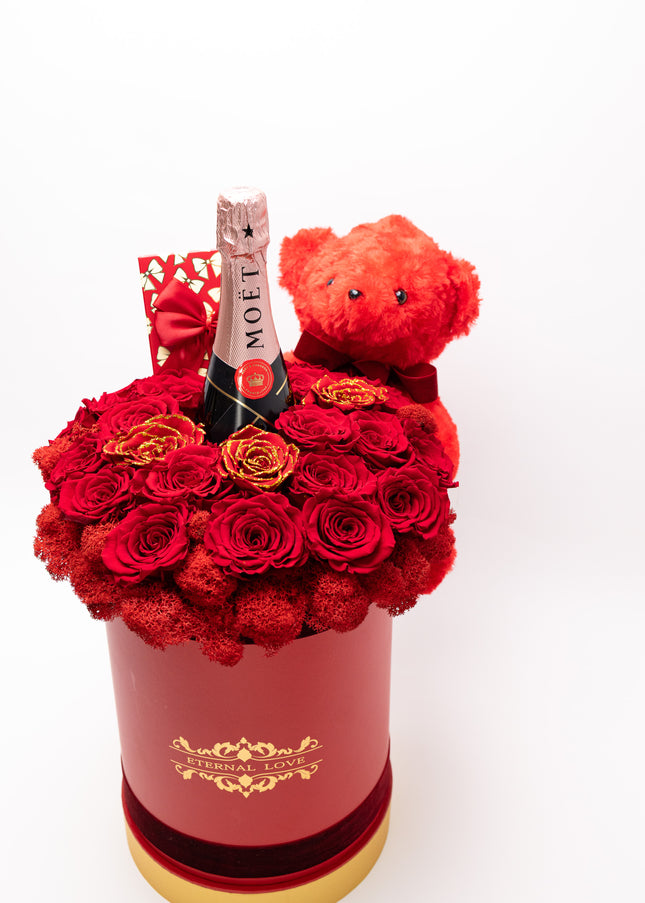 Aranjament Lux 21 Trandafiri Criogenați Roșii, Șampanie Moët & Ursulet