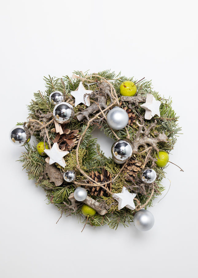 Coroniță de Crăciun Artizanală „Silver Star & Winter Orchard”
