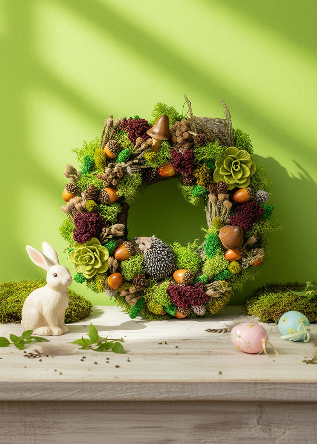 Coroniță Handmade „Prietenii Pădurii” cu Arici și Licheni – Decor Artizanal din Mușchi Stabilizat și Elemente Naturale