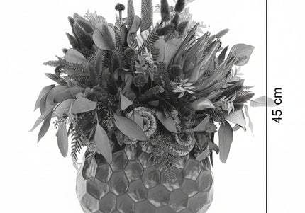 Aranjament Floral „Crimson Night” în Vas Negru Texturat – Compoziție Luxury cu Protea King, Plante Criogenate și Accente Gotic-Chic