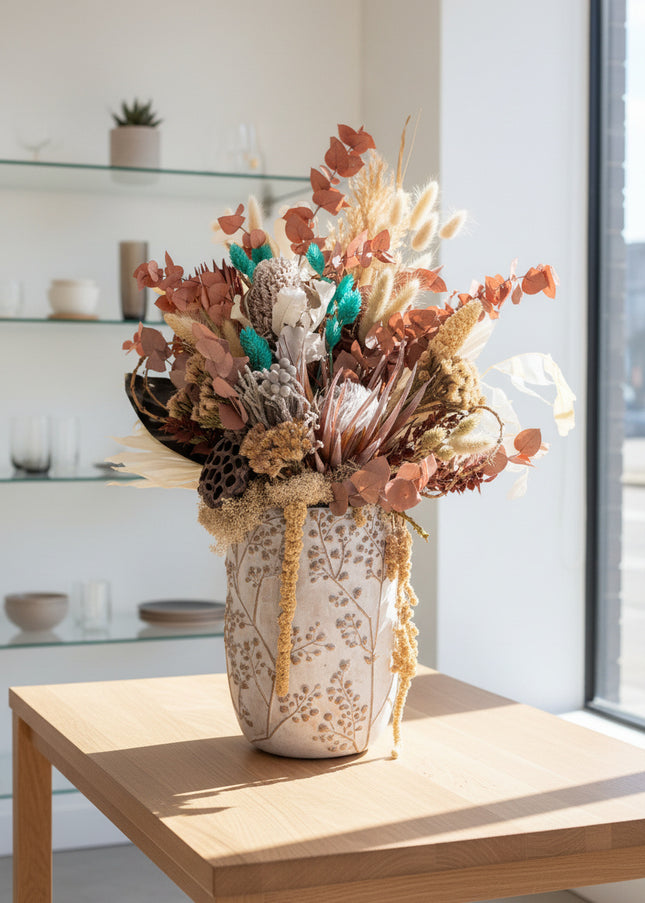 Aranjament Floral „Boho Azure” în Vază Ceramică Texturată – Compoziție Handmade cu Protea, Eucalipt Arămiu și Accente Turcoaz