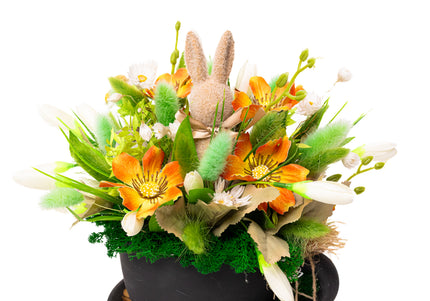 Aranjament de Paște „Sunny Bunny Pot” – decor floral cu iepuraș și accente naturale