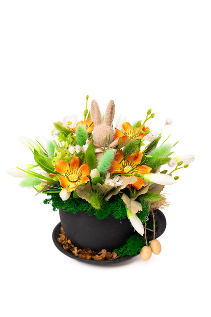 Aranjament de Paște „Sunny Bunny Pot” – decor floral cu iepuraș și accente naturale