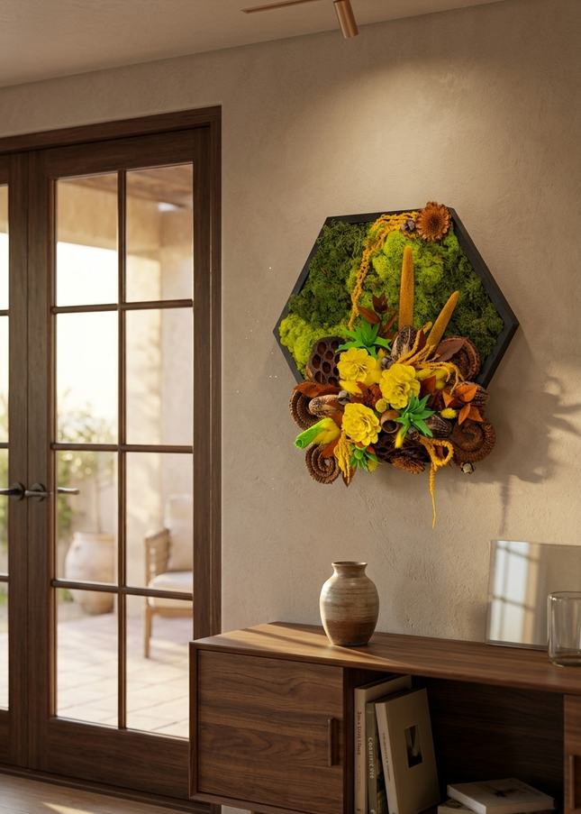 Tablou decorativ hexagonal „Golden Grove” – compoziție în tonuri aurii și naturale