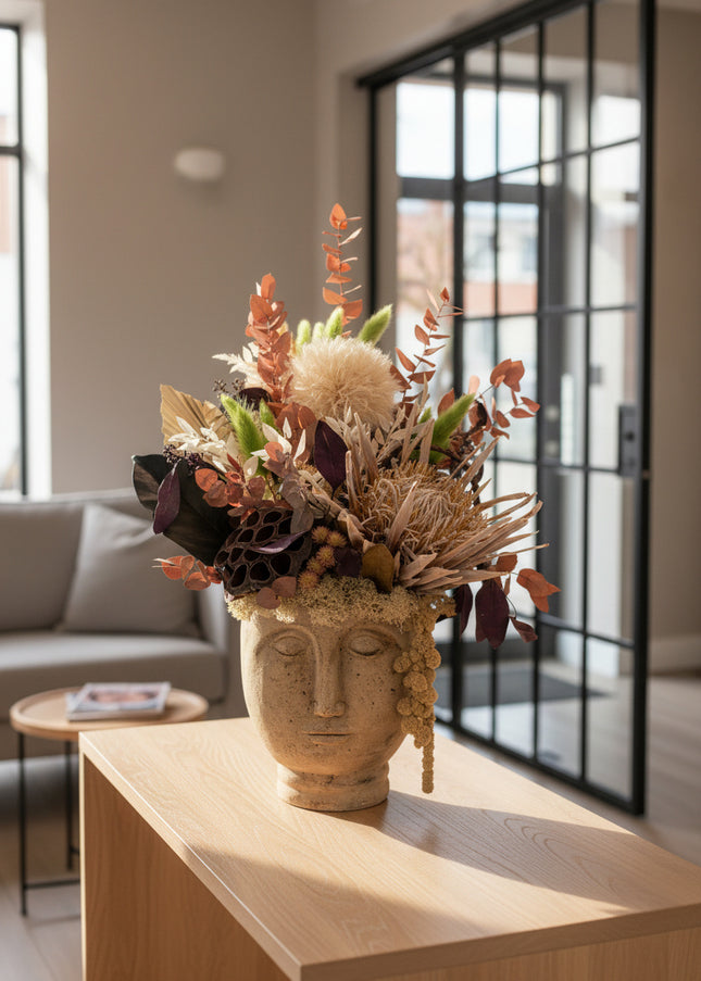 Aranjament Floral „Terra Muse” în Bust Sculptural – Creație Handmade cu Protea King Gold, Eucalipt Arămiu și Accente Moss Green