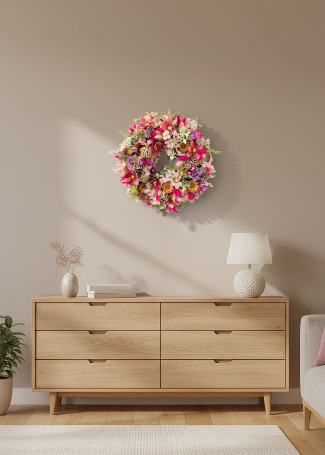 Coroniță Florală „Wildflower Celebration” – Aranjament Handmade Bogat cu Flori Uscate, Criogenate și Accente Boho