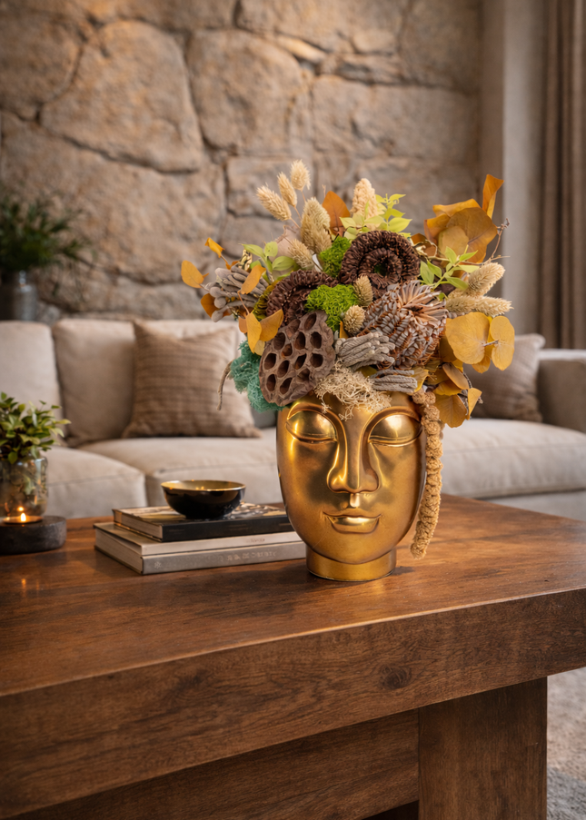 Aranjament Floral „Zen Reflection” în Vas Sculptural Auriu – Compoziție Handmade cu Lotus, Banksia și Licheni Vibrant