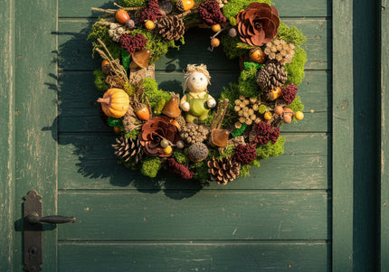 Coroniță Decorativă „Spiritul Pădurii” – Aranjament Handmade cu Mușchi Stabilizat, Conuri și Figurină