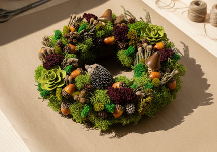 Coroniță Handmade „Prietenii Pădurii” cu Arici și Licheni – Decor Artizanal din Mușchi Stabilizat și Elemente Naturale