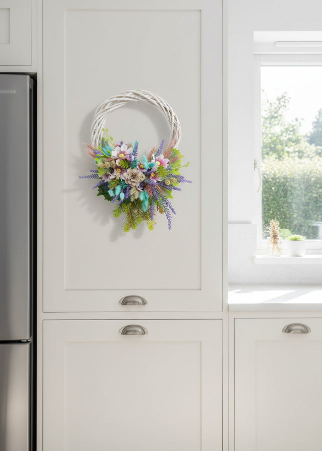 Coroniță Handmade „Spring Breeze” – Aranjament pe Bază de Răchită Albă cu Flori Pastelate