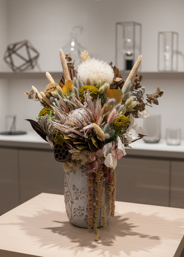 Aranjament Floral „Autumn Majesty” în Vază Ceramică Texturată – Compoziție Premium cu Protea King, Banksia și Accente Aurii