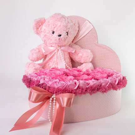 Aranjament Inimă Lux Trandafiri Săpun, Ursulet Catifea