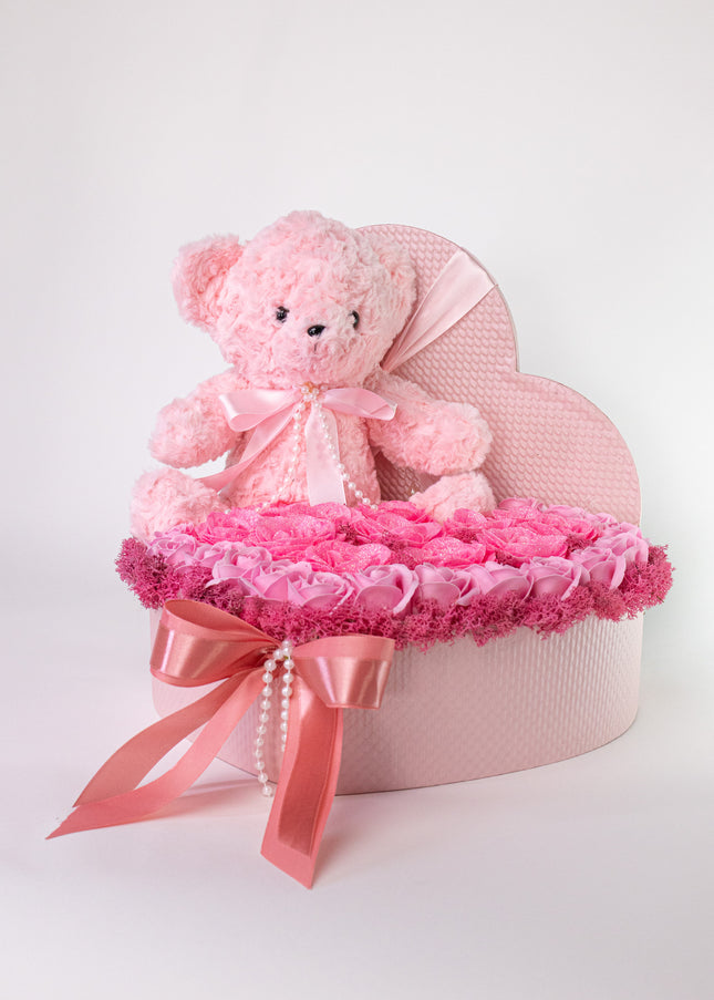 Aranjament Inimă Lux Trandafiri Săpun, Ursulet Catifea