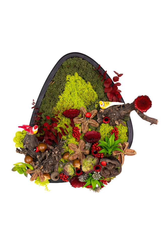 Tablou „Crimson Grove” cu licheni stabilizați și accente roșii – decor natural cu elemente botanice