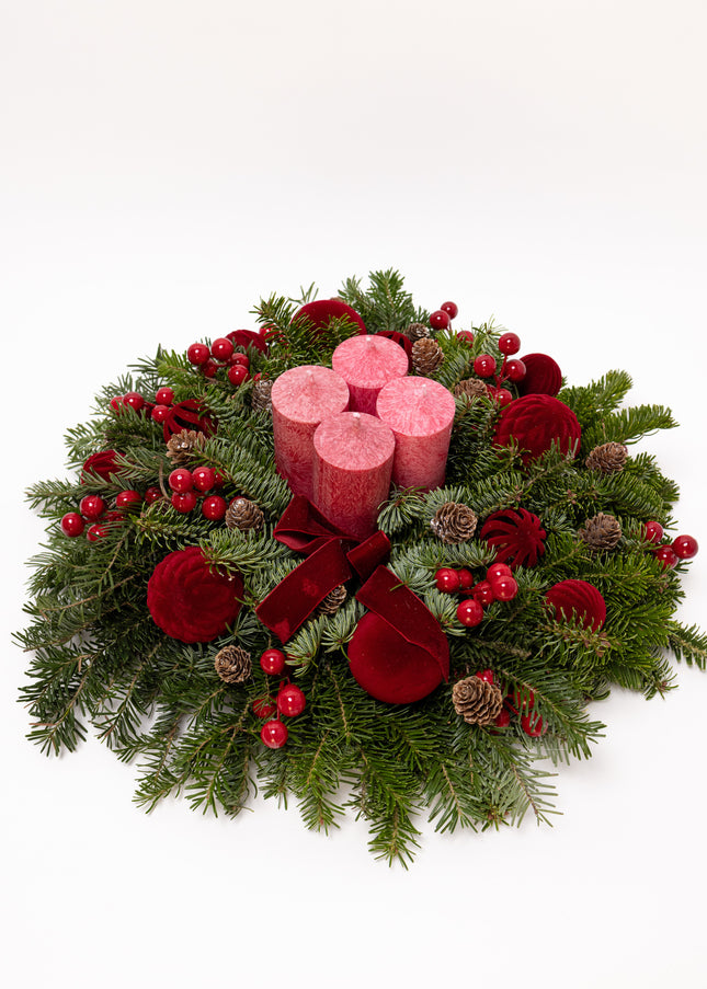 Aranjament Crăciun Advent "Velvet Crimson" din brad Nobilis