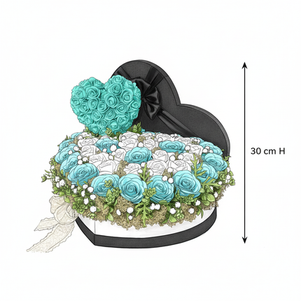 Aranjament Lux Inimă Trandafiri Săpun Turcoaz-Alb