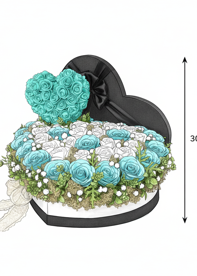 Aranjament Lux Inimă Trandafiri Săpun Turcoaz-Alb