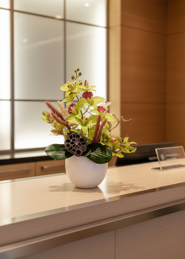 Aranjament Floral „Emerald Orchid” în Vas Ceramic Alb – Compoziție Handmade cu Orhidee Verzi, Lotus și Accente Naturale