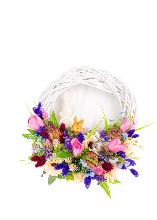 Coroniță florală de Paște „Pastel Nest” – decor festiv cu iepuraș, flori colorate și accente naturale